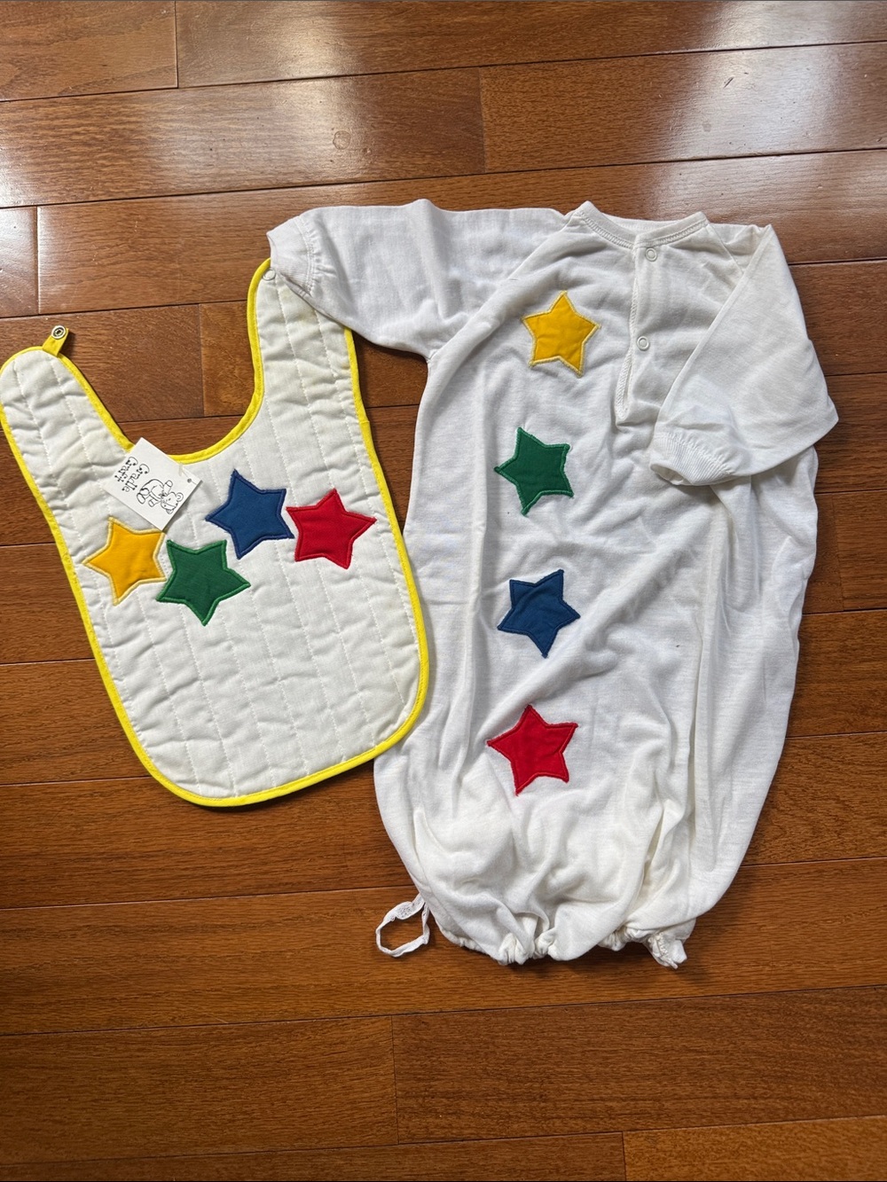 White Baby Sleep Gown and Bib Set with Colorful Stars